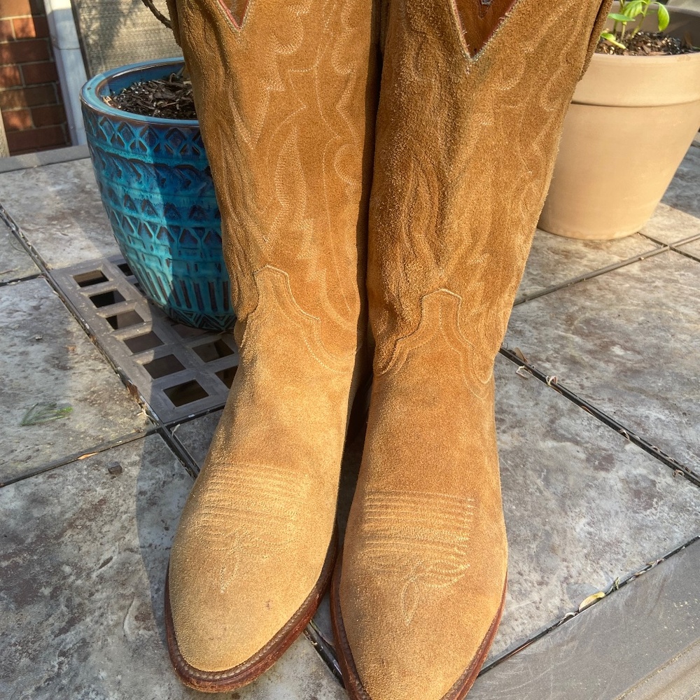 Lucchese Suede Boots Size 11 EE Cowboy Made In USA 1883 Tan Brown Roughout